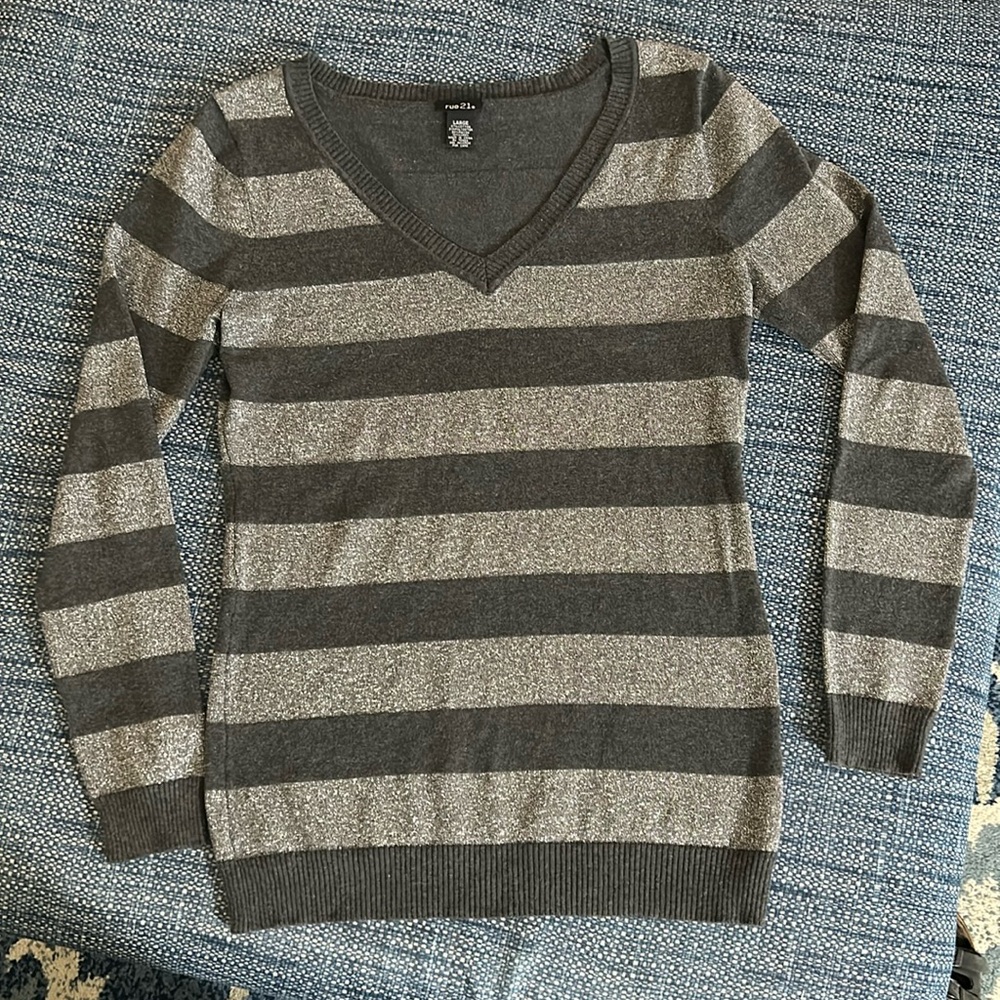 Rue 21 black and sparkly silver striped V-neck sweater, size L